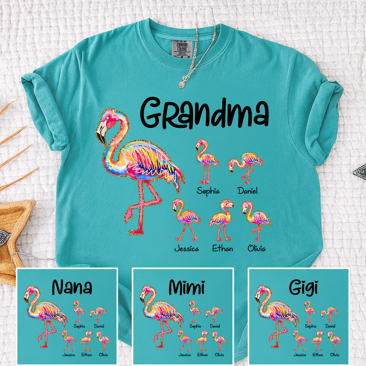 Comfort Colors Custom Grandma Flamingo Tee with Kids Names, Personalized Tropical Bird Shirt for Women, Summer Vacation Family Gift