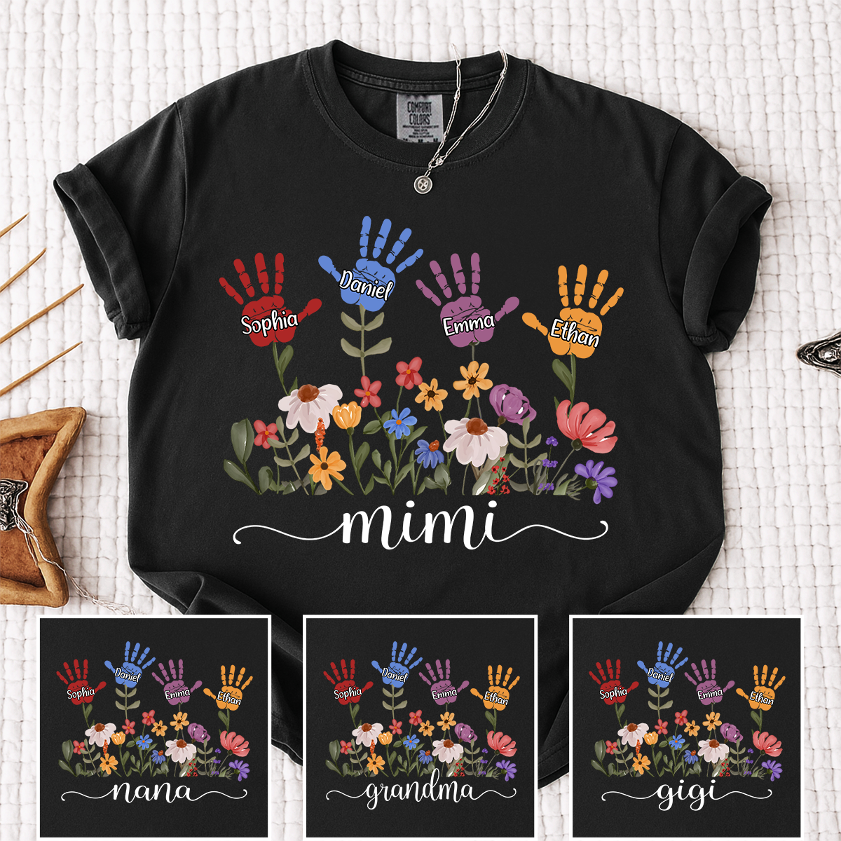 Comfort Colors Mimi Custom T Shirt with Kids Handprints, Personalized Family Names and Colorful Flower Design