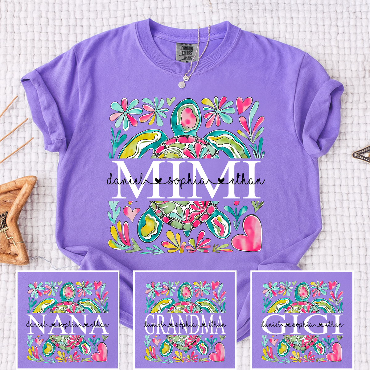 Comfort Colors Personalized Mimi Sea Turtle Shirt, Custom Grandma T Shirt with Grandkids Names, Coastal Family Gift for Mimi Nana Gigi