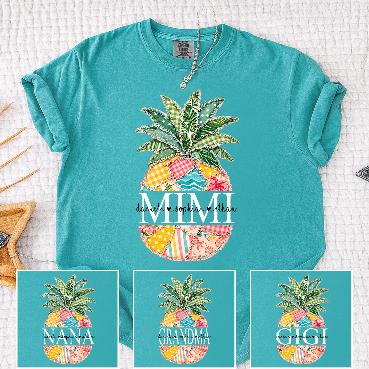 Comfort Colors Custom Mimi Pineapple Patchwork Shirt, Personalized Grandma Beach Tee with Grandchildren Names, Summer Family Gift