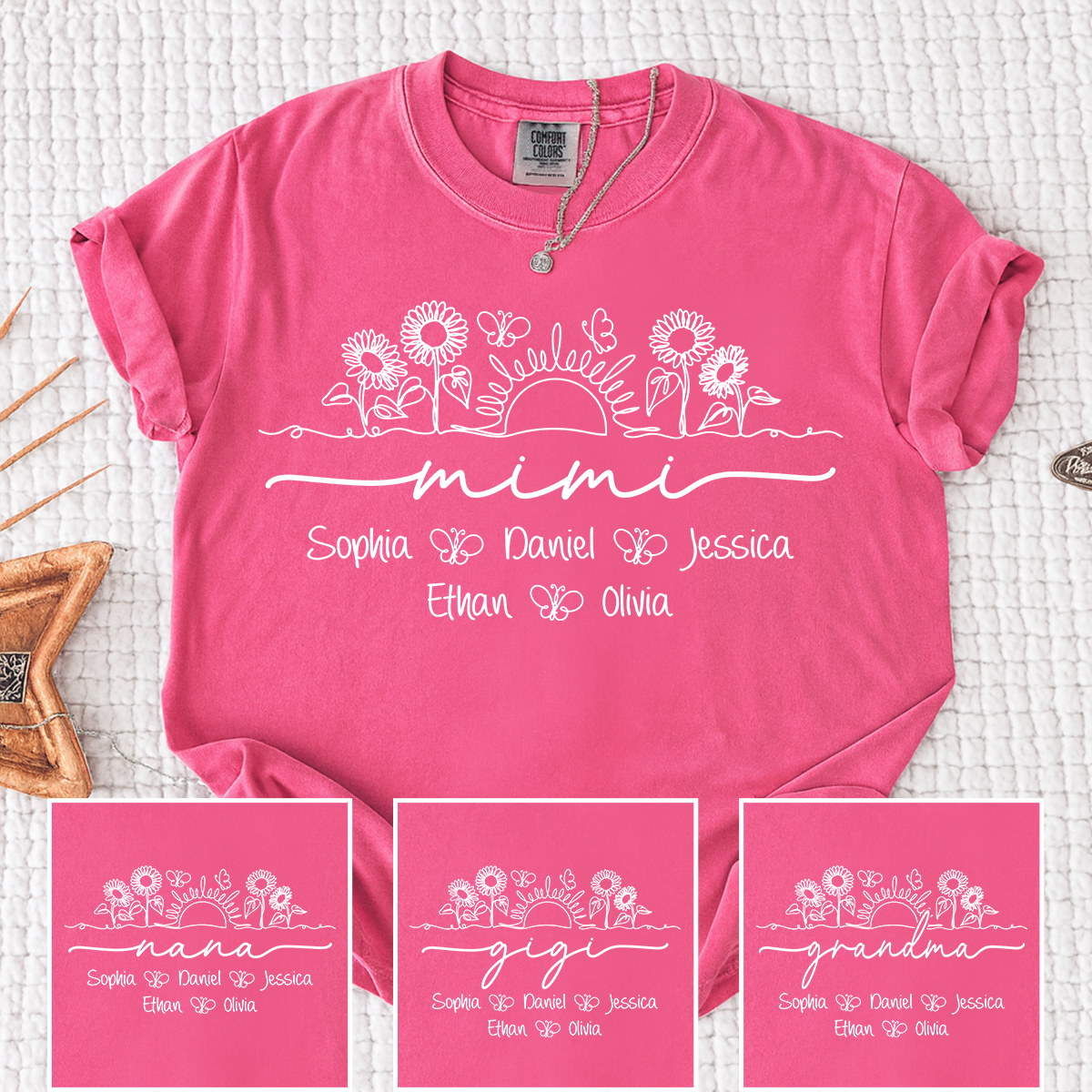 Comfort Colors Custom Mimi T Shirt with Grandchildren Names, Sunflower Garden Graphic Tee, Personalized Family Apparel for Women