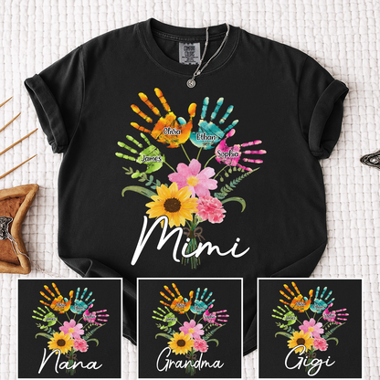 Custom Mimi Shirt, Personalized Handprints and Flowers with Family Names, Idea Gift for Mimi