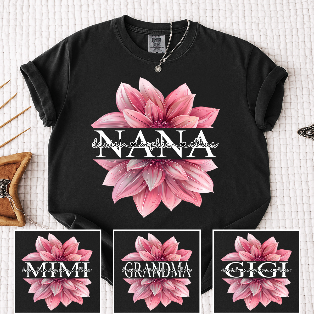 Comfort Colors Personalized Nana Shirt with Pink Lotus Flower Design, Custom Gift for Grandma with Grandkids Names
