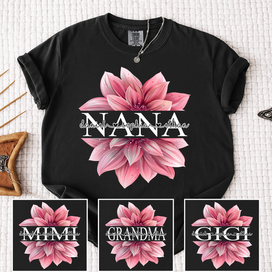 Comfort Colors Personalized Nana Shirt with Pink Lotus Flower Design, Custom Gift for Grandma with Grandkids Names