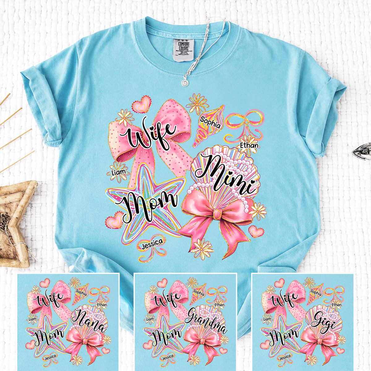 Comfort Colors Personalized Wife Mom Mimi Beach Shirt with Grandkids Names, Custom Grandma Coastal T Shirt for Women, Summer Family Vacation Gift