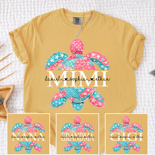 Comfort Colors Personalized Mimi Sea Turtle Shirt with Grandkids Names, Custom Grandma Beach T Shirt for Women, Coastal Family Gift