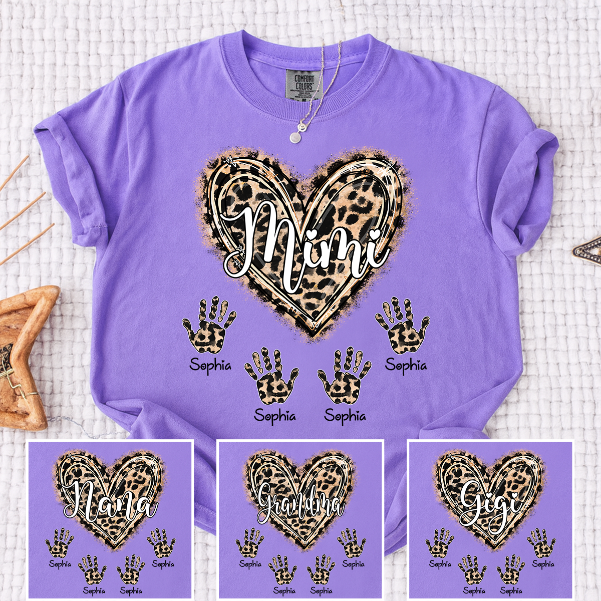 Comfort Colors Mimi Leopard Heart Shirt, Custom Handprint T Shirt with Grandkids Names, Unique Gift for Mimi, Personalized Family Shirt