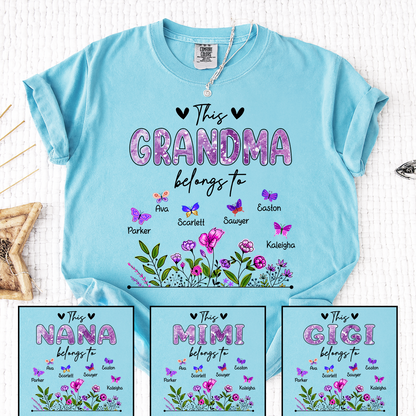 Comfort Colors® This Grandma Belongs To Tee, Custom Grandma Shirt with Grandkids Names, Floral Garden Theme, Meaningful Family Apparel