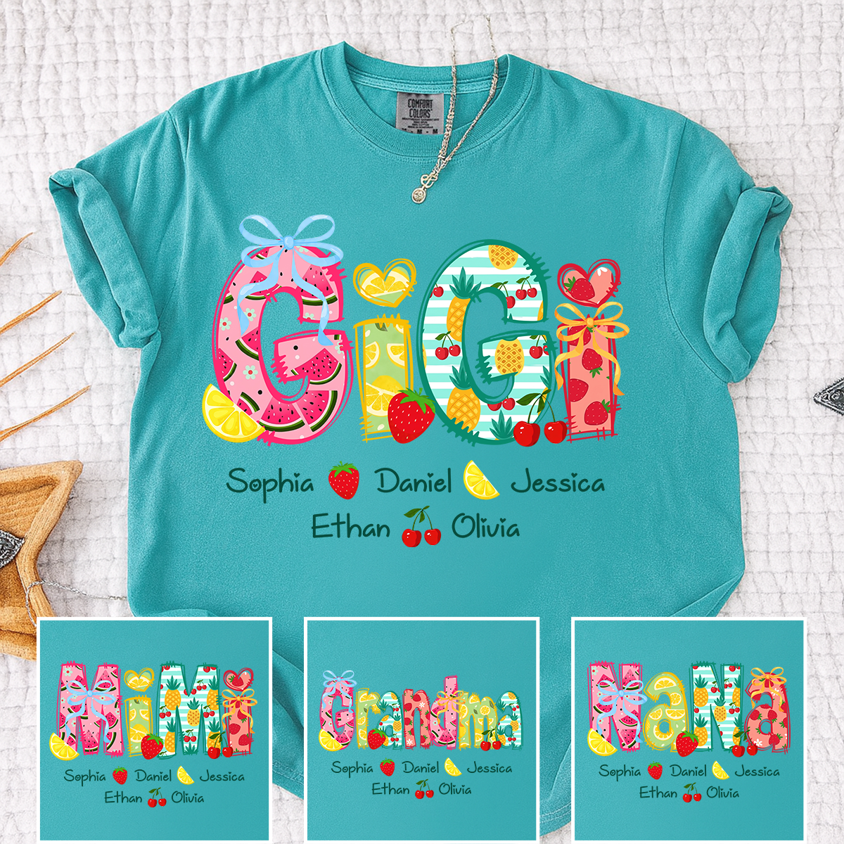 Comfort Colors Custom Gigi Shirt for Grandma, Personalized Family Name T Shirt, Summer Fruit Graphic Tee with Kids Names