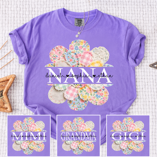 Comfort Colors Personalized NANA T Shir, Custom Family Names with Floral Patchwork Design, Perfect Gift for Nana
