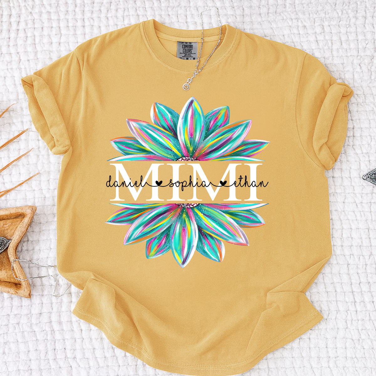 Comfort Colors Personalized MIMI T Shirt, Custom Family Names with Colorful Flower Design, Perfect Gift for Mimi