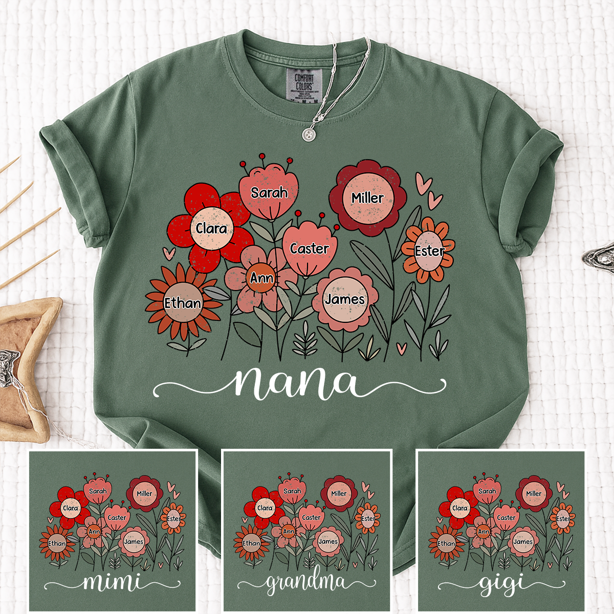 Comfort Colors Personalized Nana T Shirt, Custom Family Floral Design with Kids Names, Perfect Gift for Grandma