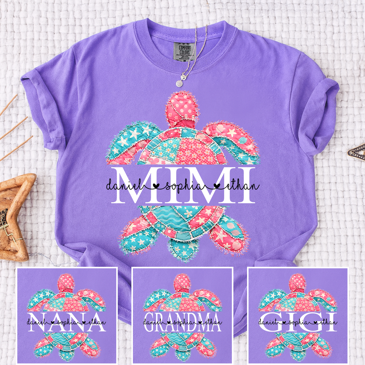 Comfort Colors Personalized Mimi Sea Turtle Shirt with Grandkids Names, Custom Grandma Beach T Shirt for Women, Coastal Family Gift