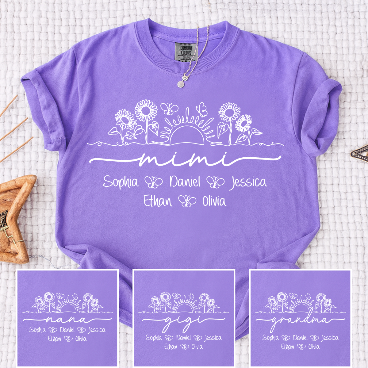 Comfort Colors Custom Mimi T Shirt with Grandchildren Names, Sunflower Garden Graphic Tee, Personalized Family Apparel for Women