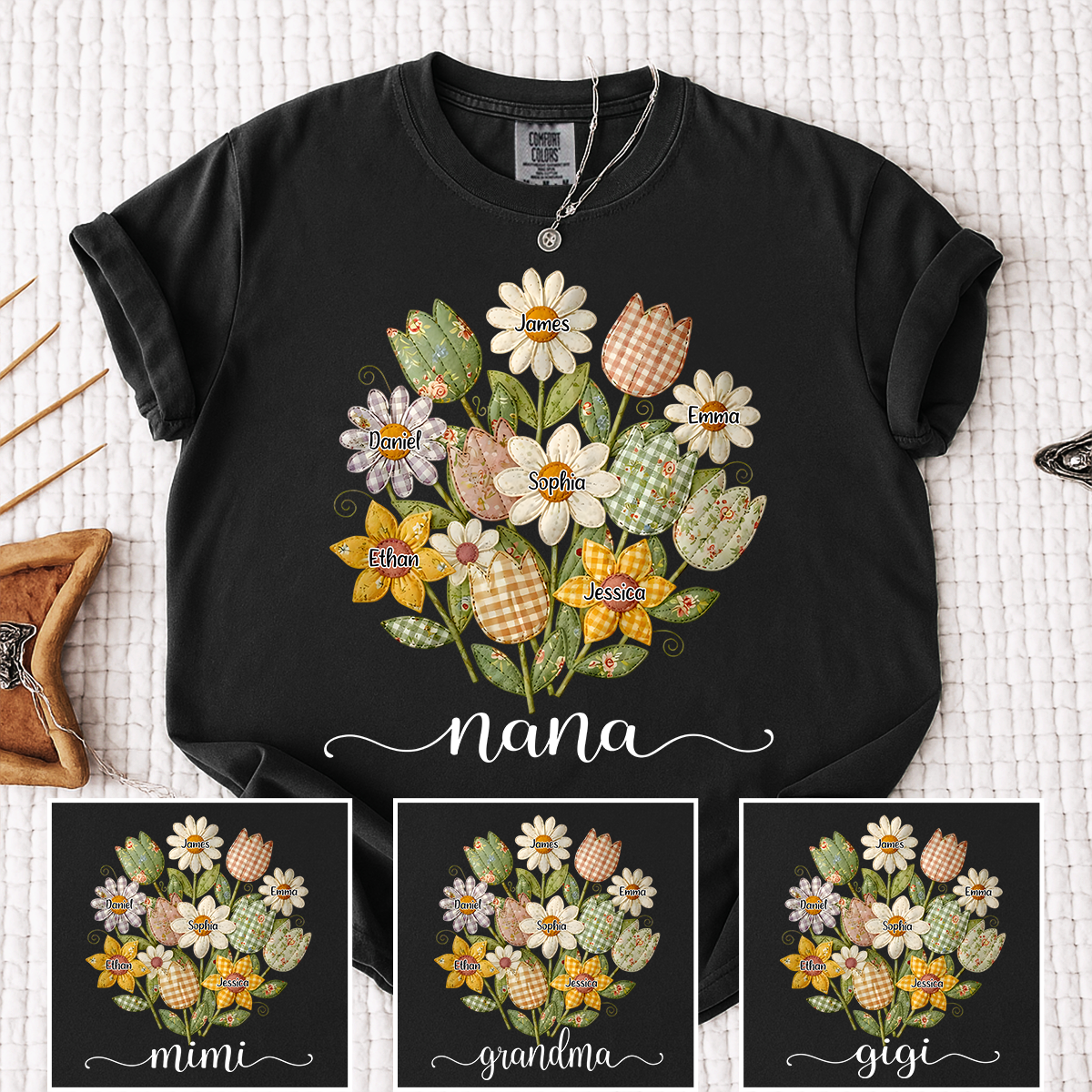 Comfort Colors Personalized Nana Shirt with Grandkids Names, Custom Flower Bouquet Grandma T Shirt, Family Gift for Nana