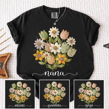 Comfort Colors Personalized Nana Shirt with Grandkids Names, Custom Flower Bouquet Grandma T Shirt, Family Gift for Nana