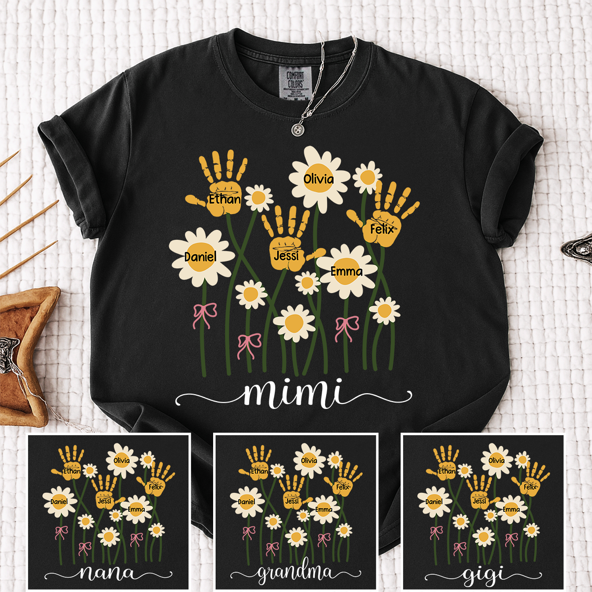 Comfort Colors Personalized Nana Shirt, Custom Handprint Daisy Flower Design, Grandkids Names Tee, Mother's Day Gift for Nana