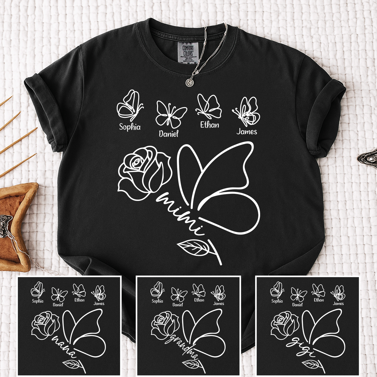 Comfort Colors Custom Mimi Shirt, Butterfly and Rose Graphic, Personalized with Kids Names, Family Gift