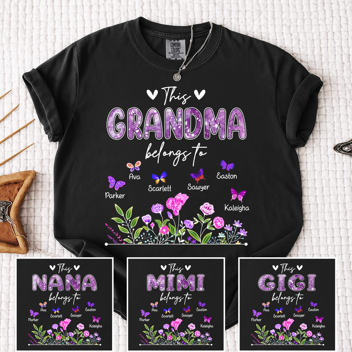 Comfort Colors® This Grandma Belongs To Tee, Custom Grandma Shirt with Grandkids Names, Floral Garden Theme, Meaningful Family Apparel