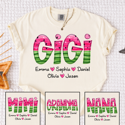Comfort Colors Custom Gigi Grandma Shirt, Personalized Kids Names Watermelon Graphic Tee, Cute Summer Gift for Nana Mimi Grammy