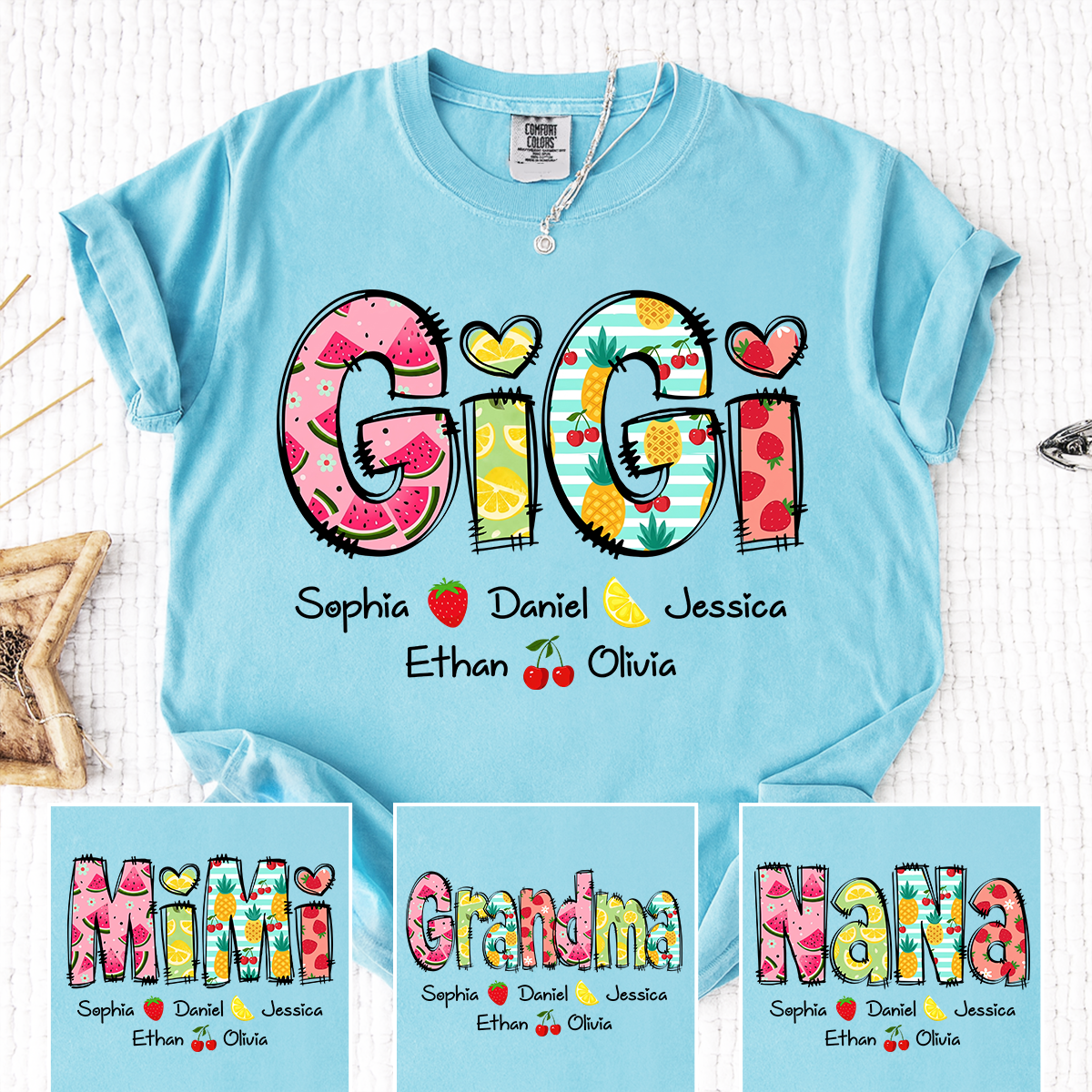Comfort Colors Custom Gigi Shirt with Kids Names, Personalized Grandma Summer T Shirt, Fruit Pattern Graphic Tee for Nana Mimi Grammy