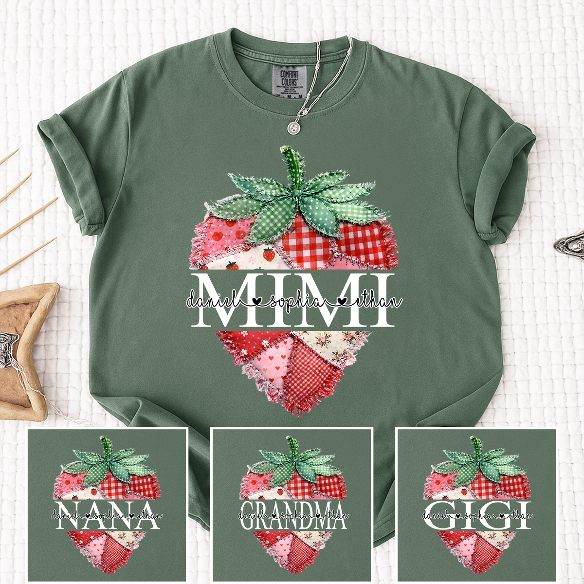 Comfort Colors Custom Mimi Strawberry Patchwork Tee, Personalized Grandma Shirt with Grandchildren Names, Birthday Christmas Family Gift