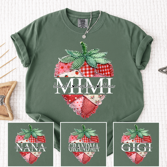 Comfort Colors Custom Mimi Strawberry Patchwork Tee, Personalized Grandma Shirt with Grandchildren Names, Birthday Christmas Family Gift