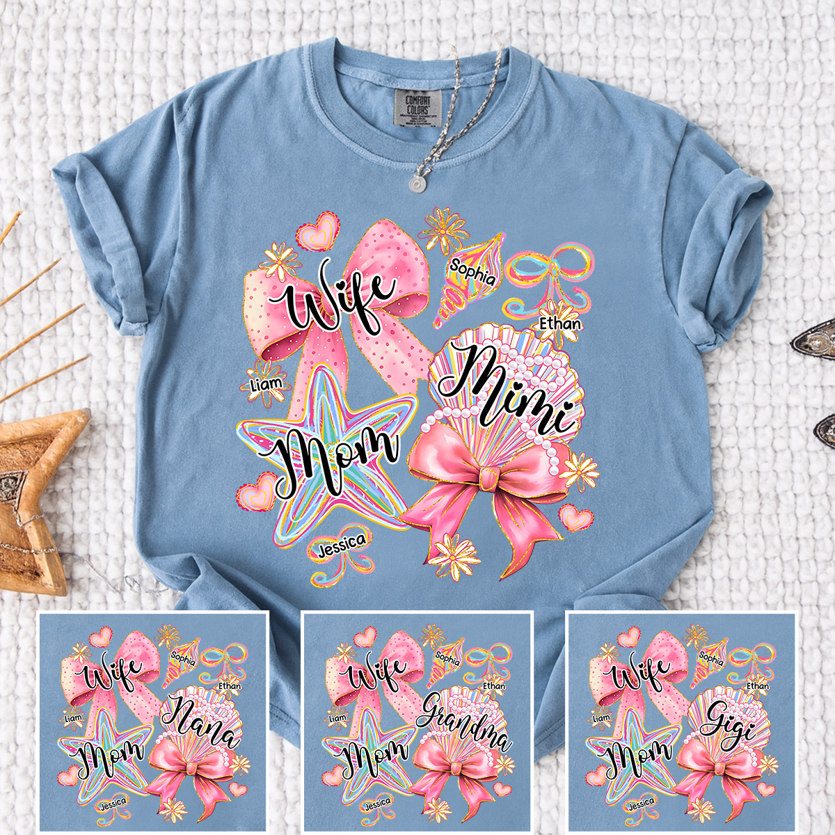 Comfort Colors Personalized Wife Mom Mimi Beach Shirt with Grandkids Names, Custom Grandma Coastal T Shirt for Women, Summer Family Vacation Gift