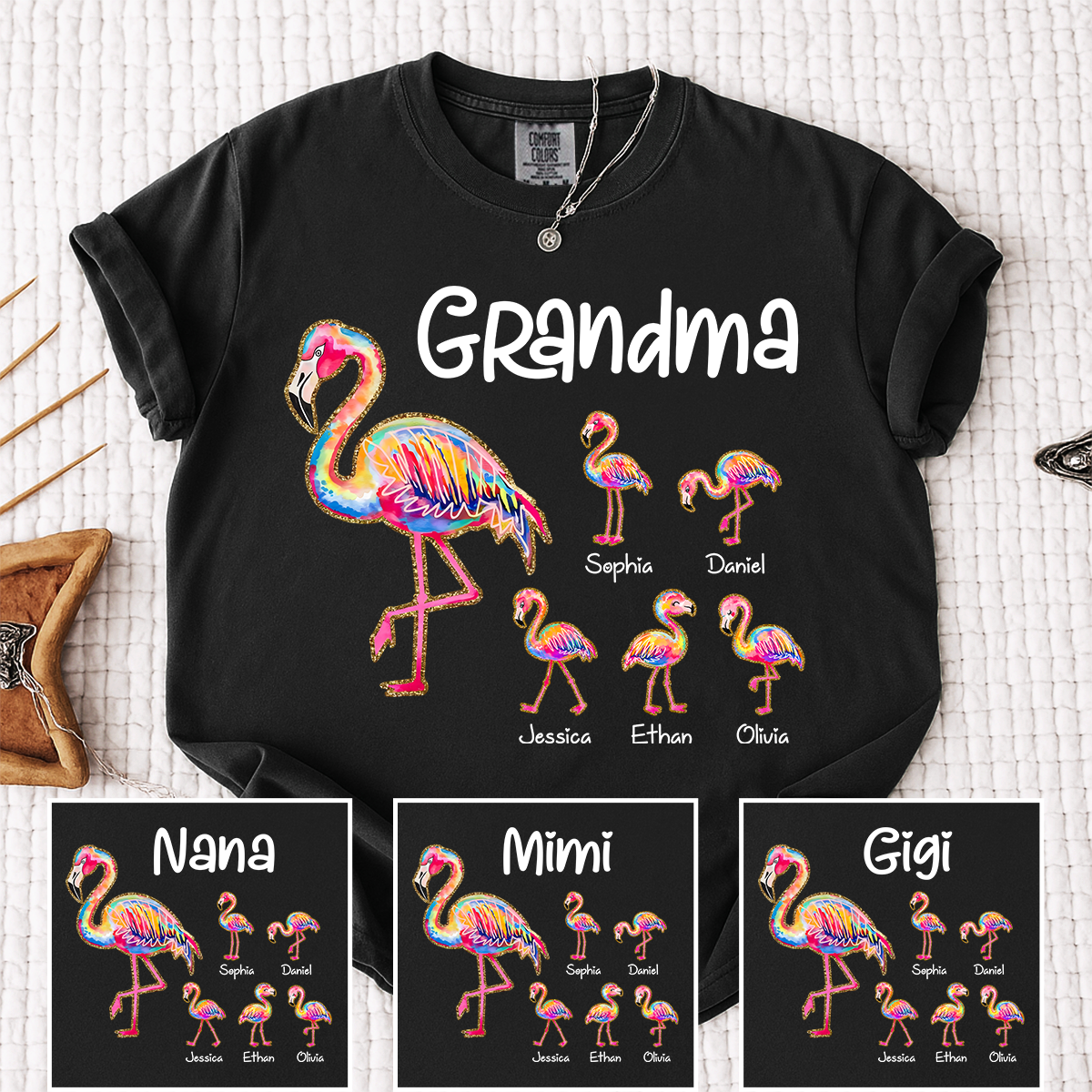 Comfort Colors Custom Grandma Flamingo Tee with Kids Names, Personalized Tropical Bird Shirt for Women, Summer Vacation Family Gift
