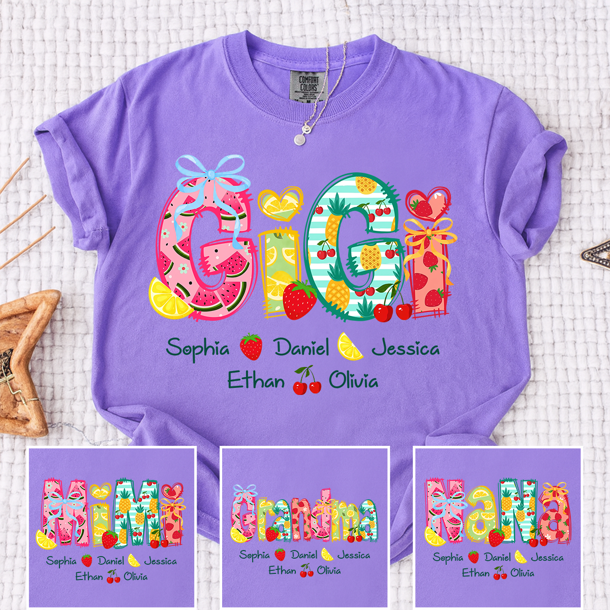Comfort Colors Custom Gigi Shirt for Grandma, Personalized Family Name T Shirt, Summer Fruit Graphic Tee with Kids Names