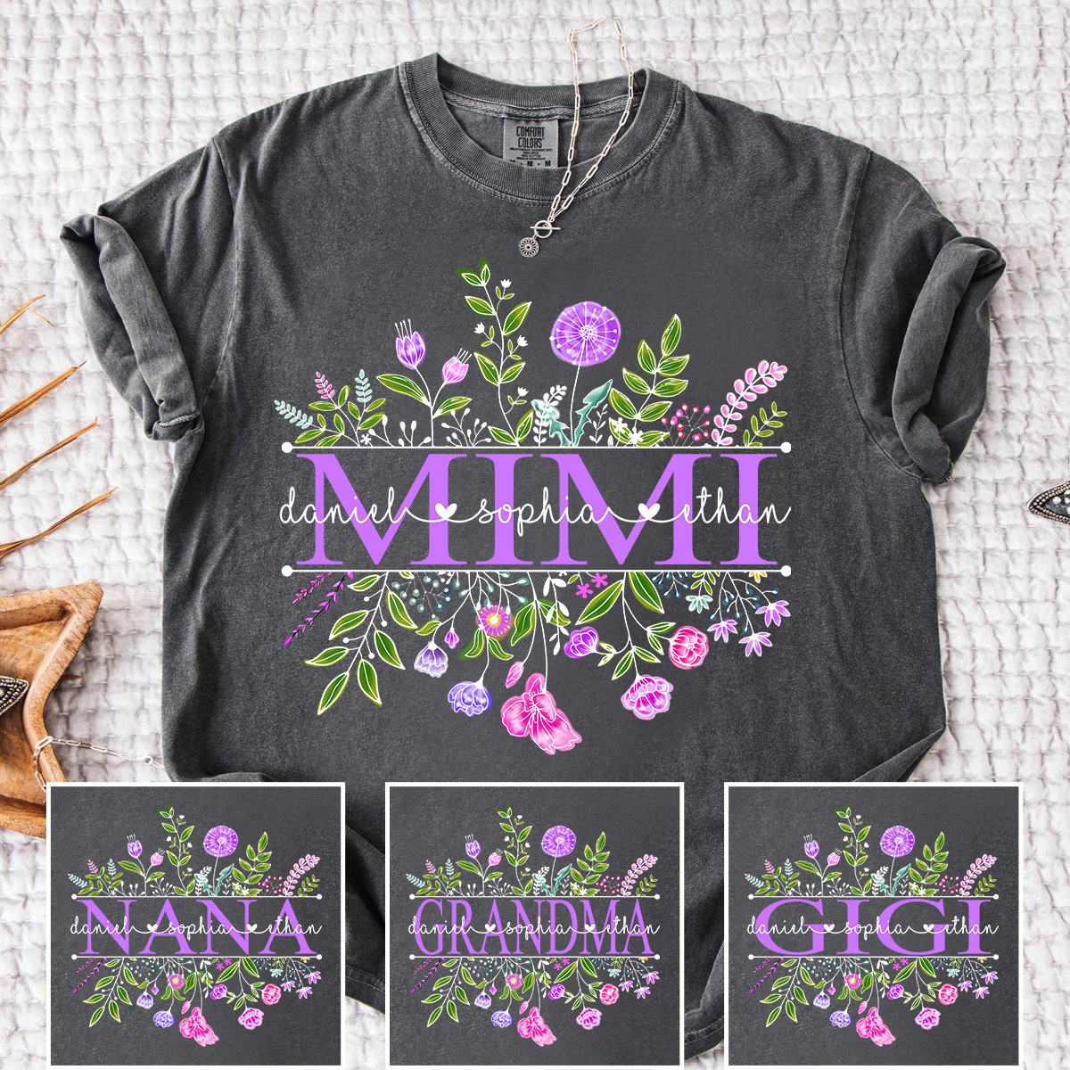 Comfort Colors Custom Mimi Shirt, Floral Graphic with Personalized Grandkids Names, Perfect Gift for Grandma