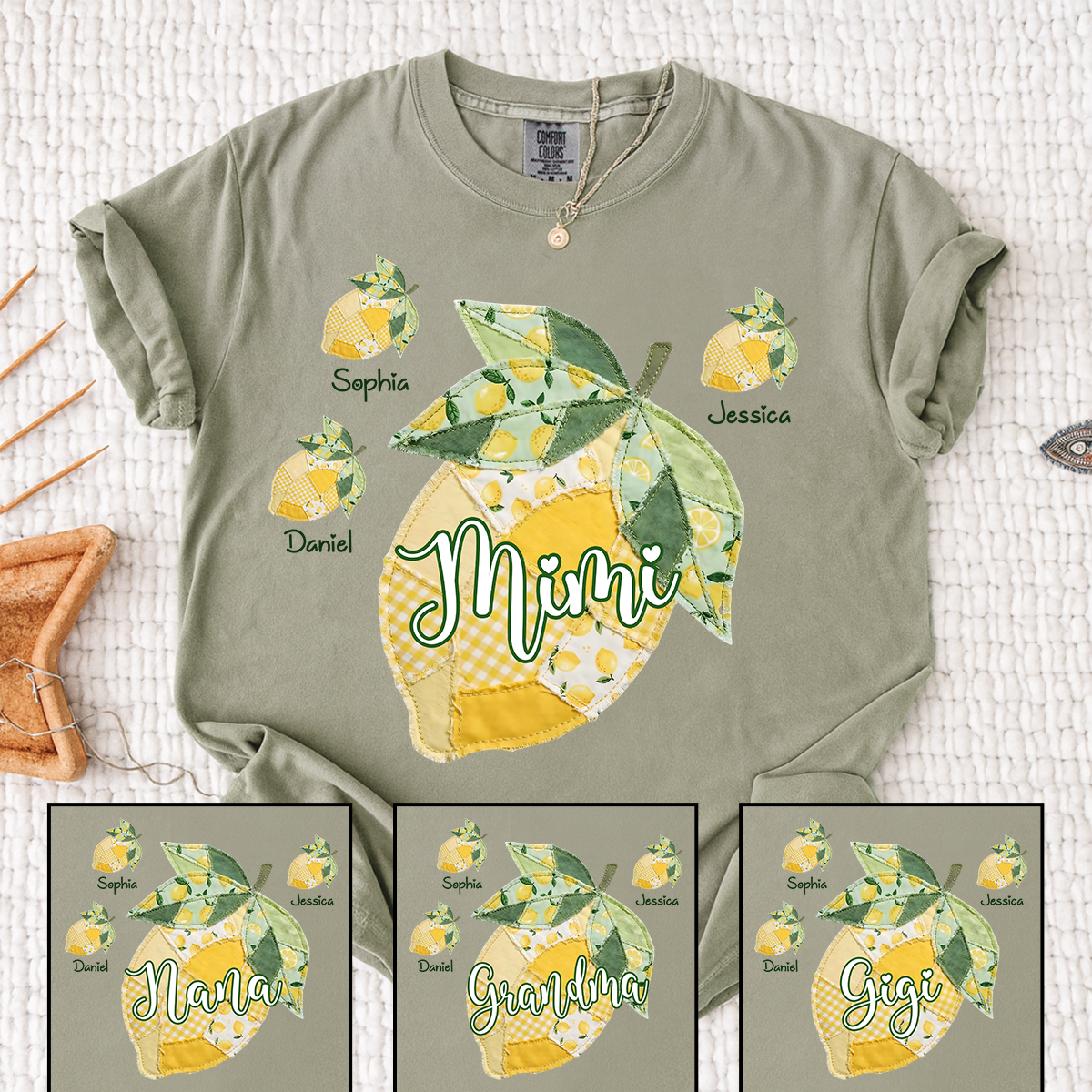 Comfort Colors Personalized Mimi Lemon Shirt with Grandkids Names, Custom Grandma Lemon Patchwork T Shirt for Women, Summer Family Gift