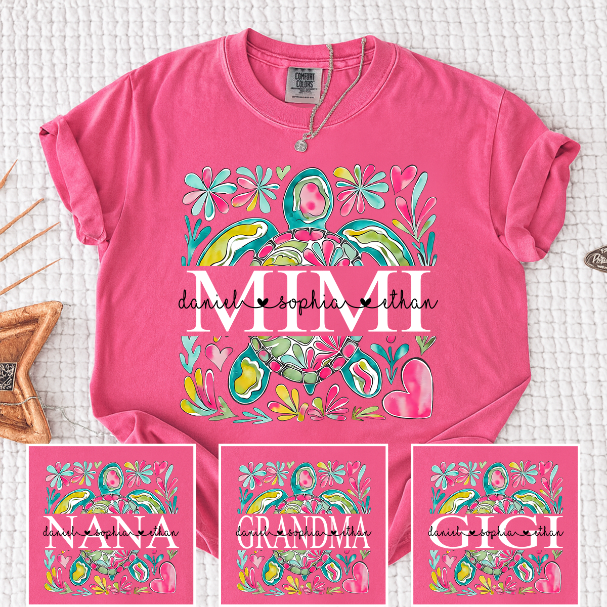 Comfort Colors Personalized Mimi Sea Turtle Shirt, Custom Grandma T Shirt with Grandkids Names, Coastal Family Gift for Mimi Nana Gigi