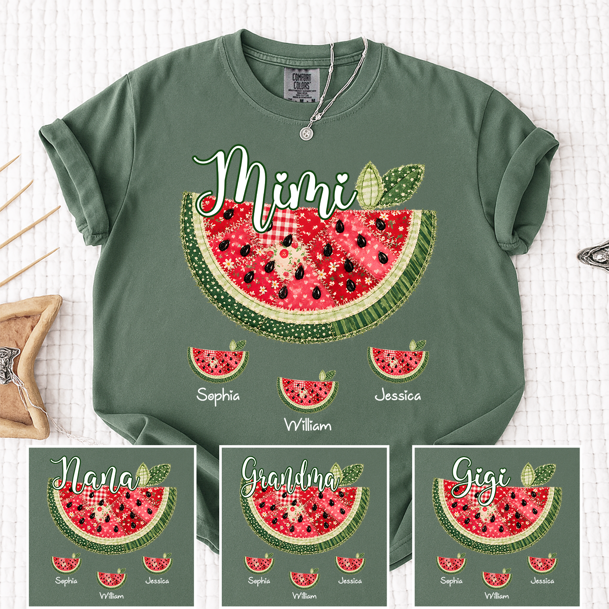 Comfort Colors Custom Mimi Watermelon Patchwork Tee, Personalized Grandma Shirt with Kids Names, Summer Vacation Family Gift for Women