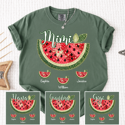 Comfort Colors Custom Mimi Watermelon Patchwork Tee, Personalized Grandma Shirt with Kids Names, Summer Vacation Family Gift for Women