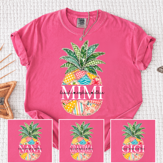 Comfort Colors Custom Mimi Pineapple Patchwork Shirt, Personalized Grandma Beach Tee with Grandchildren Names, Summer Family Gift