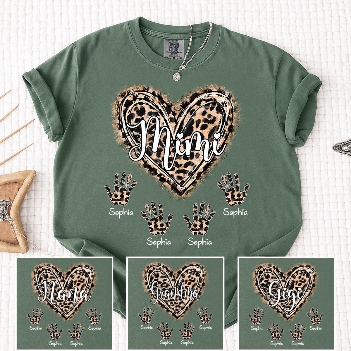 Comfort Colors Mimi Leopard Heart Shirt, Custom Handprint T Shirt with Grandkids Names, Unique Gift for Mimi, Personalized Family Shirt