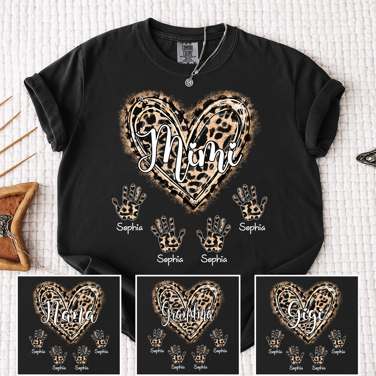 Comfort Colors Mimi Leopard Heart Shirt, Custom Handprint T Shirt with Grandkids Names, Unique Gift for Mimi, Personalized Family Shirt