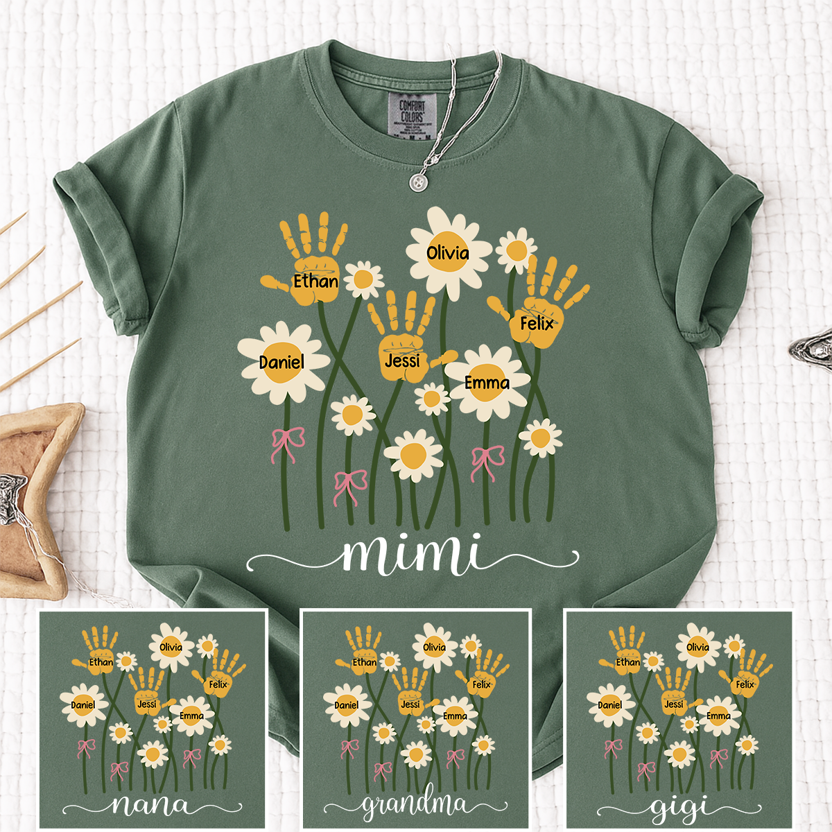Comfort Colors Personalized Nana Shirt, Custom Handprint Daisy Flower Design, Grandkids Names Tee, Mother's Day Gift for Nana