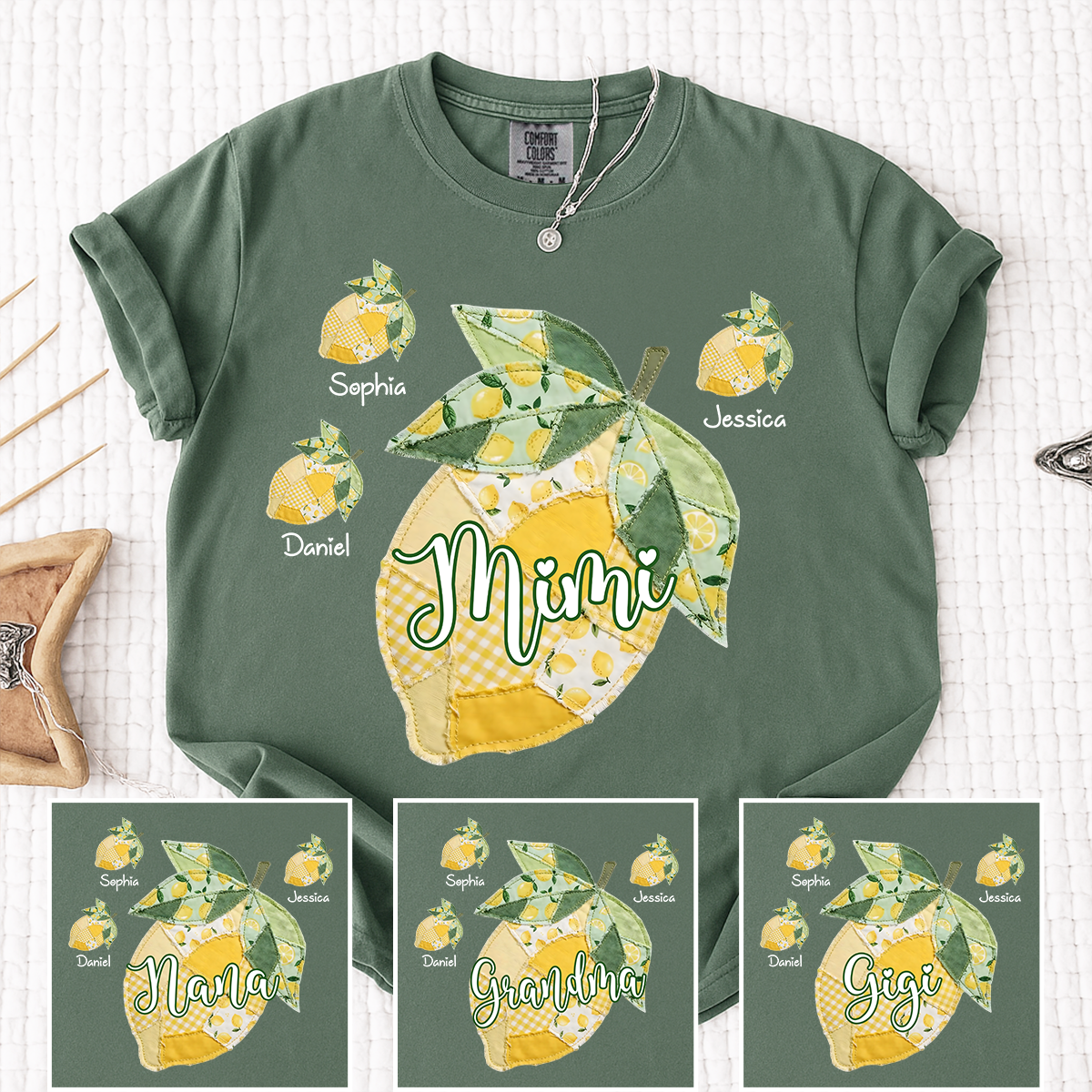 Comfort Colors Personalized Mimi Lemon Shirt with Grandkids Names, Custom Grandma Lemon Patchwork T Shirt for Women, Summer Family Gift
