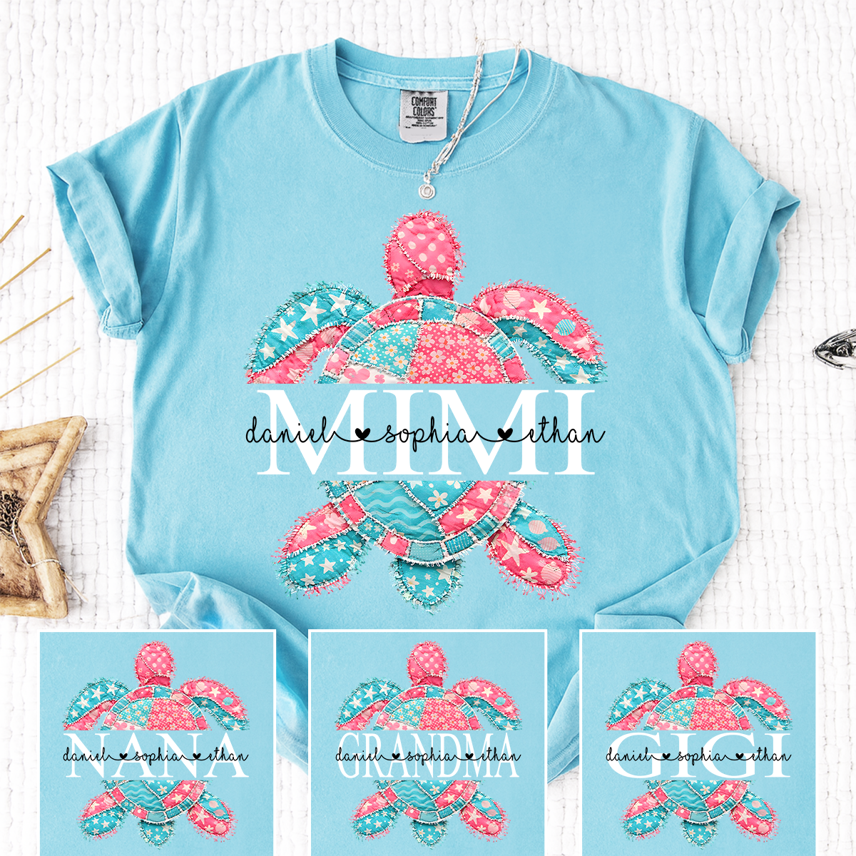 Comfort Colors Personalized Mimi Sea Turtle Shirt with Grandkids Names, Custom Grandma Beach T Shirt for Women, Coastal Family Gift
