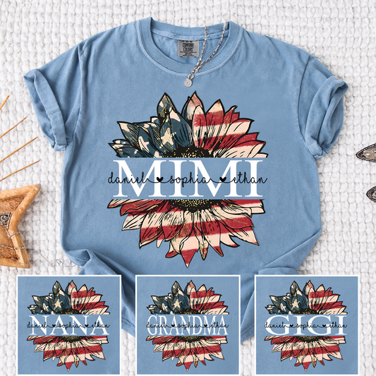 Comfort Colors Personalized Mimi Shirt Sunflower American Flag Design, Custom Kids Names Grandma T Shirt