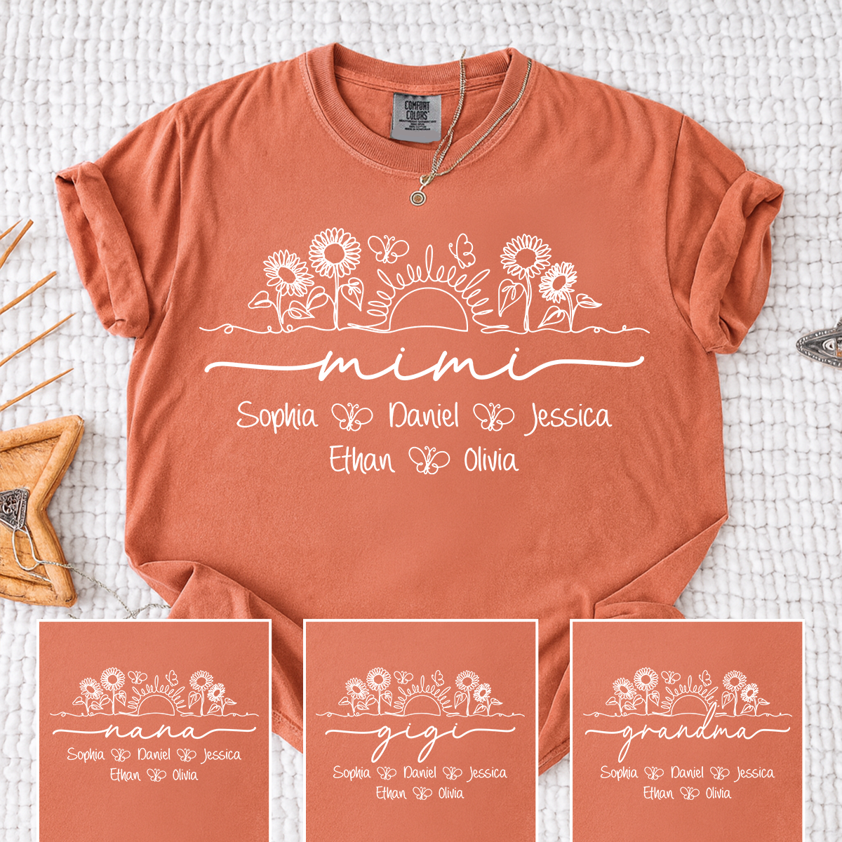 Comfort Colors Custom Mimi T Shirt with Grandchildren Names, Sunflower Garden Graphic Tee, Personalized Family Apparel for Women