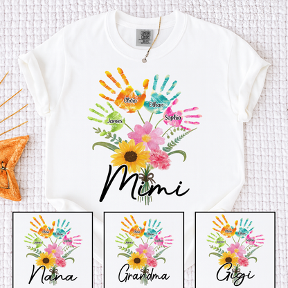 Custom Mimi Shirt, Personalized Handprints and Flowers with Family Names, Idea Gift for Mimi