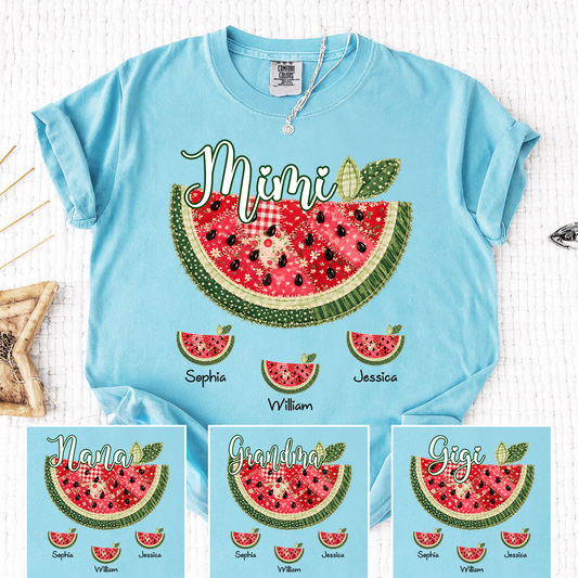 Comfort Colors Custom Mimi Watermelon Patchwork Tee, Personalized Grandma Shirt with Kids Names, Summer Vacation Family Gift for Women