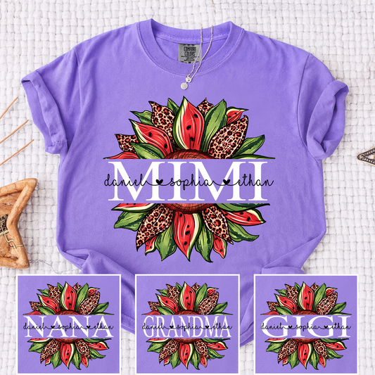 Comfort Colors Mimi Custom Family Tee, Colorful Watermelon Leopard Sunflower Shirt with Children’s Names, Gift for Mom or Nana