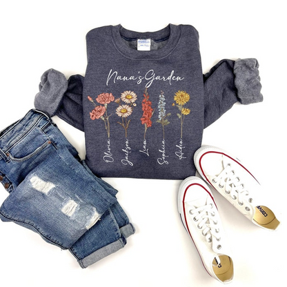 Grandma's Garden, Custom Birthflower Sweatshirt, Gift for Grandma, Love Grows Here Sweatshirt
