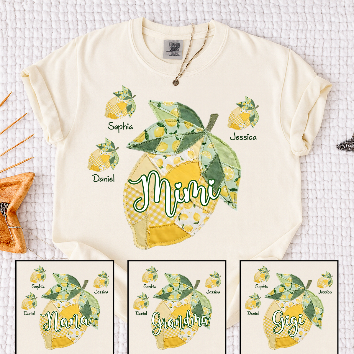 Comfort Colors Personalized Mimi Lemon Shirt with Grandkids Names, Custom Grandma Lemon Patchwork T Shirt for Women, Summer Family Gift