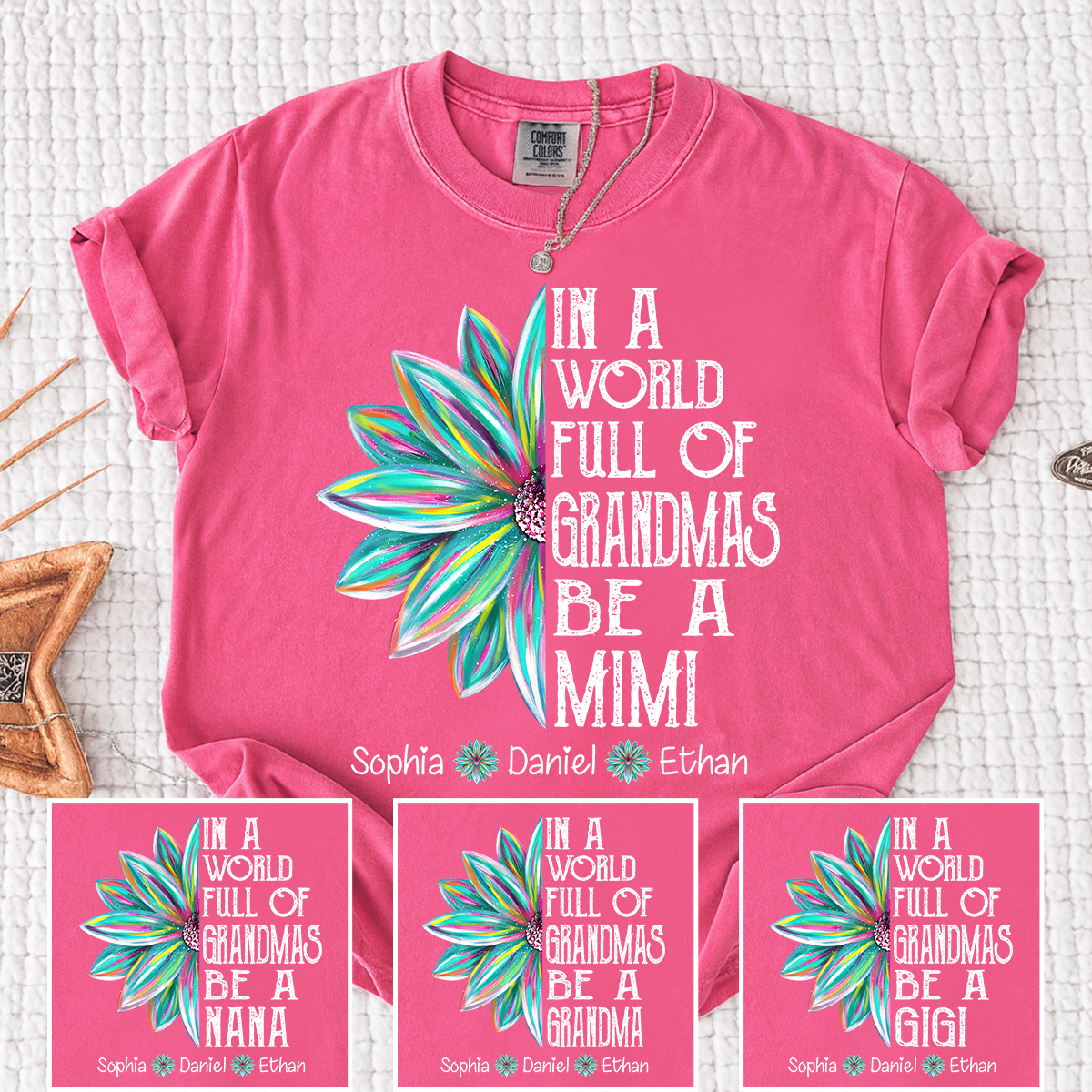Comfort Colors In A World Full Of Grandmas Be A Mimi Shirt, Personalized Mimi T Shirt with Grandkids Names, Custom Grandma Gift Tee