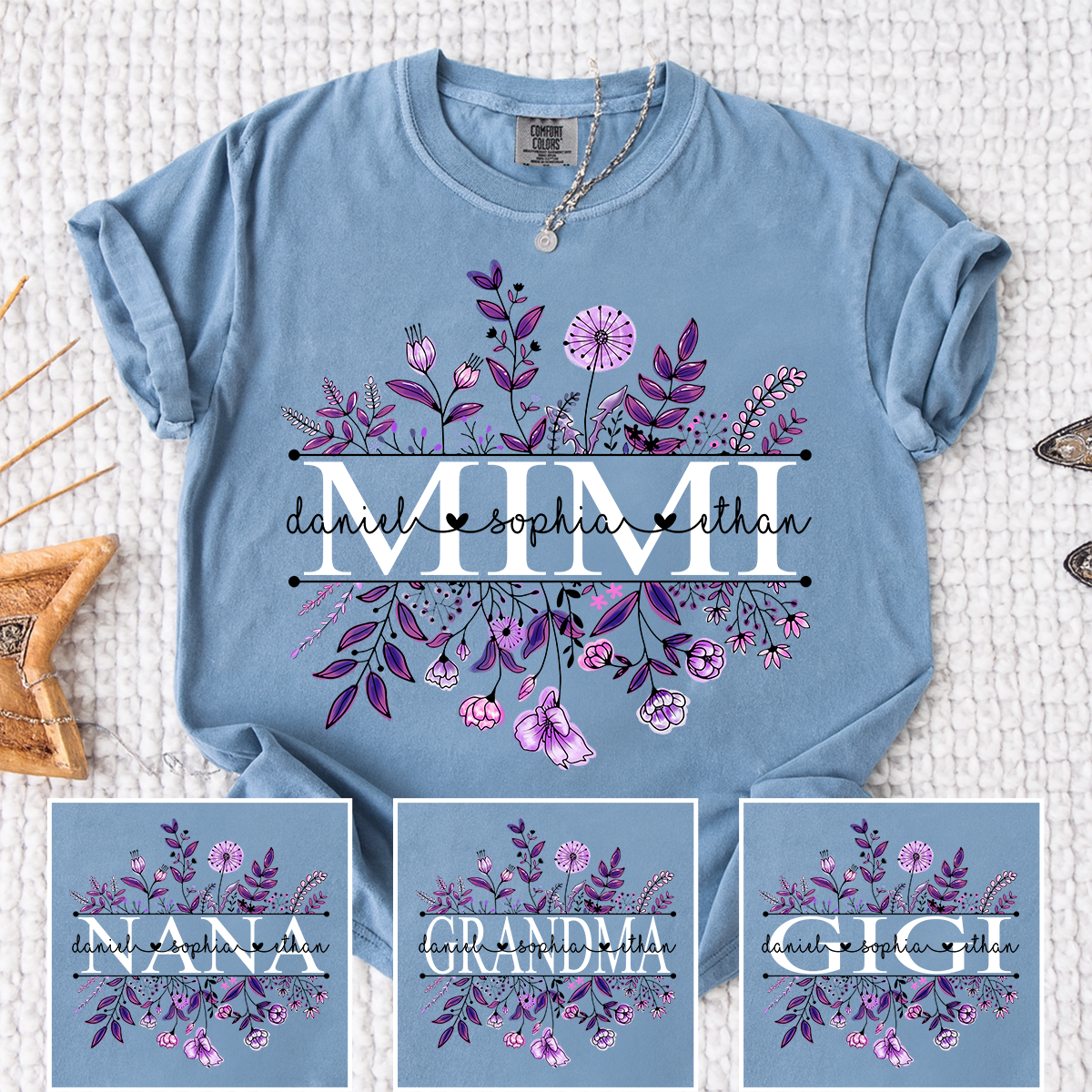 Comfort Colors Personalized MIMI T Shirt, Customizable with Family Names, Stunning Floral Design with Purple Flowers